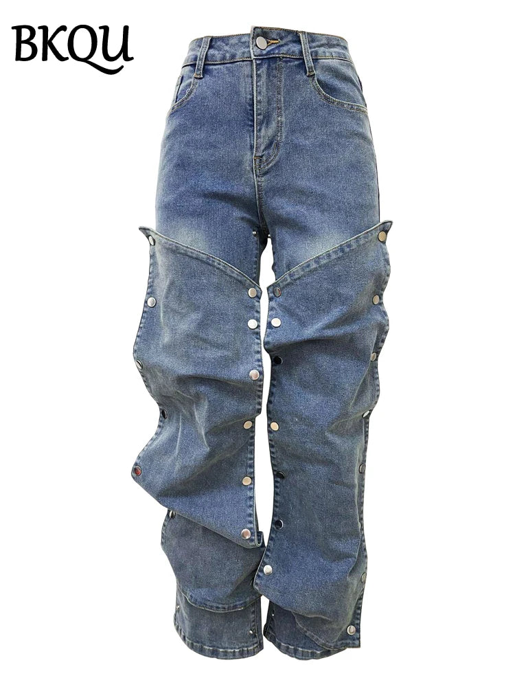 BKQU Fashion Straight Jeans Women's Detachable Button Decoration Denim Wide Leg Pants High Waist Y2K Hipster Streetwear Bottoms