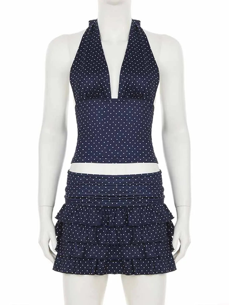 BKQU Polka Dots Skirt Two Piece Set Women Sexy V-Neck Halter Backless Tank Top+Mini Ruffle Cake Skirts Summer Y2k Vacation Sets