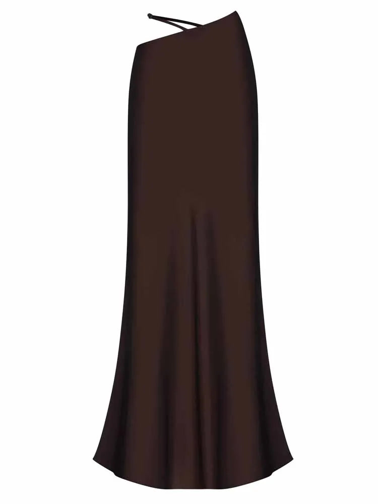 BKQU Elegant Satin Long Skirt Women 2025 Summer Classics Fashion High Waist Slim Hollow Out Maxi Skirts Female Y2k Party Skirts