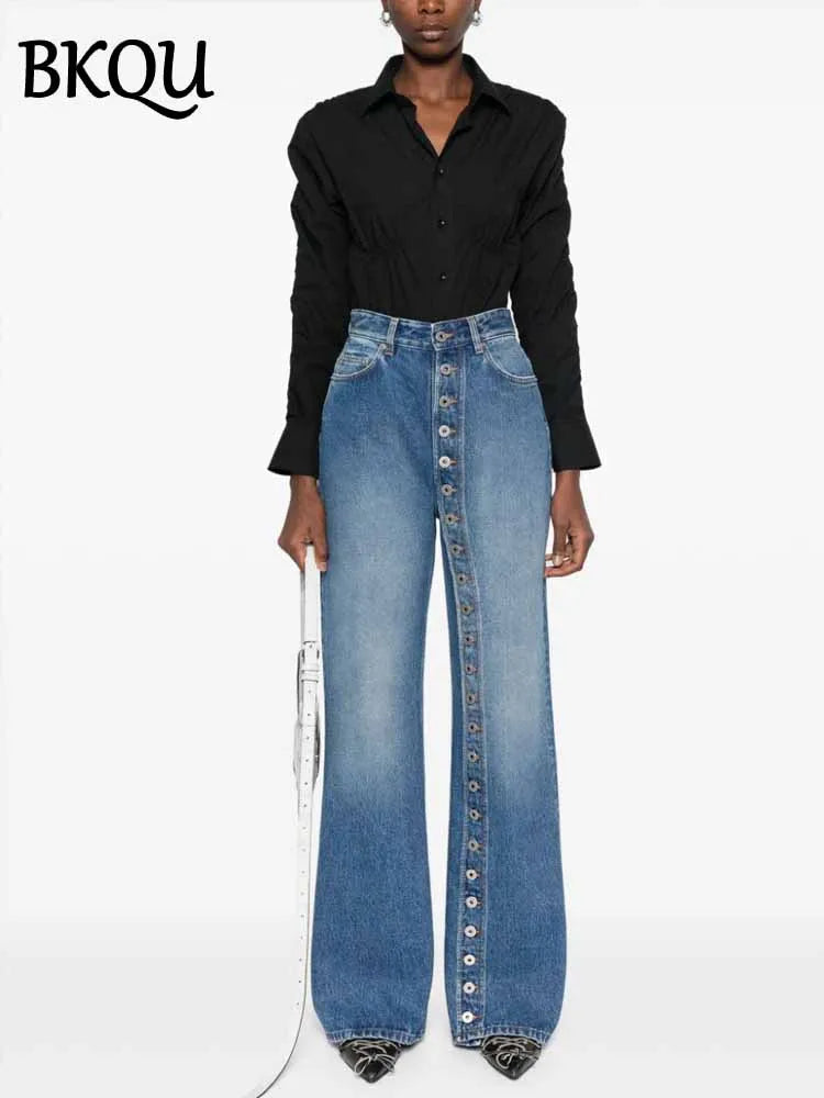 BKQU Straight Jeans Women Single Breasted Fashion High Waisted Loose Wide Leg Denim Pants 2025 Spring Elegant Streetwear Bottoms