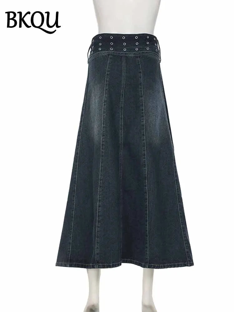 BKQU Vintage Rivet Belt Denim Skirt Women Low Waist A-Line Pockets Long Skirts Aesthetic Casual Y2k Baggy Jean Skirt 2025 Spring