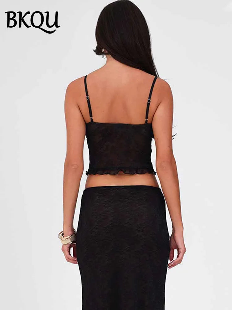 BKQU Ruffles Sexy Lace Skirt Two Piece Set Women Spaghetti Strap See Through Crop Tops And Long Skirts Matching Suit 2025 Summer