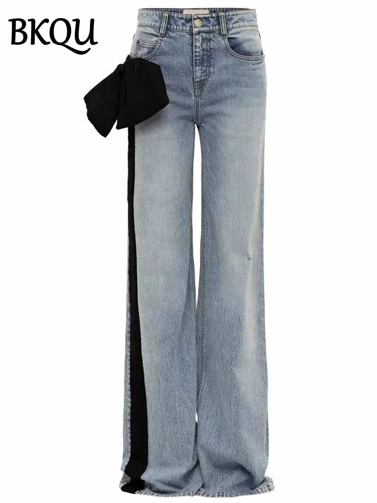 BKQU Splicing Jeans Women Fashion Contrast Side Bow Loose High Waist Straight Denim Pants 2025 Spring Temperament Street Jeans