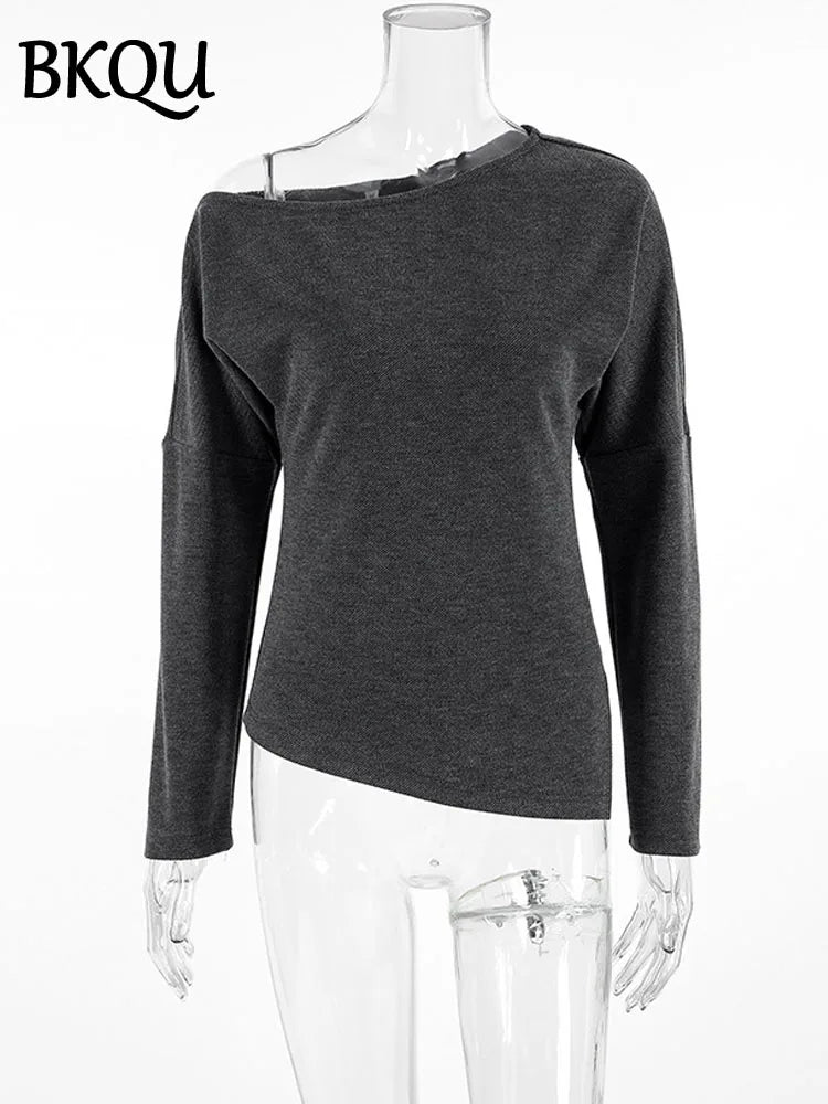 BKQU Off Shoulder Fashion Pullover T-shirt Women Casual Solid Color Knitted Long Sleeve Slim Tees 2025 Spring Elegant Street Top