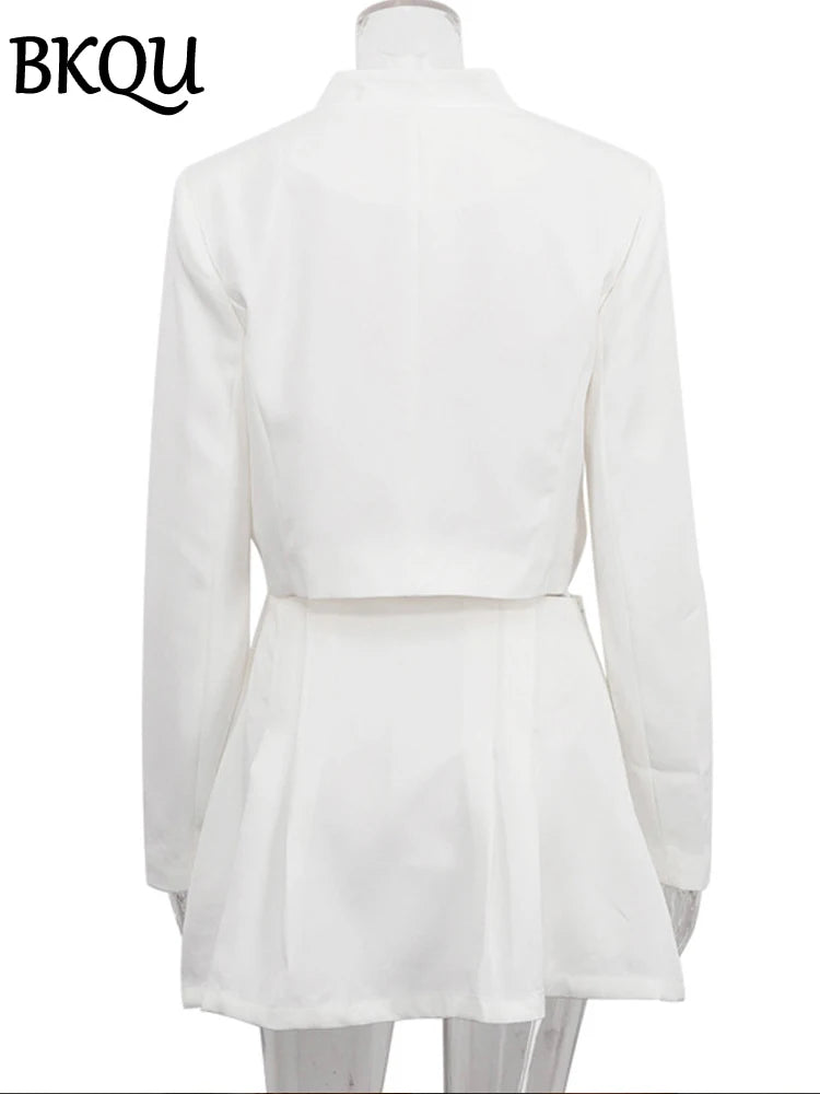 BKQU Elegant Pleated 2 Piece Sets Women Outfit Stand Collar Button Crop Jacket and High Waist Mini Skirt Fashion Slim Office Set