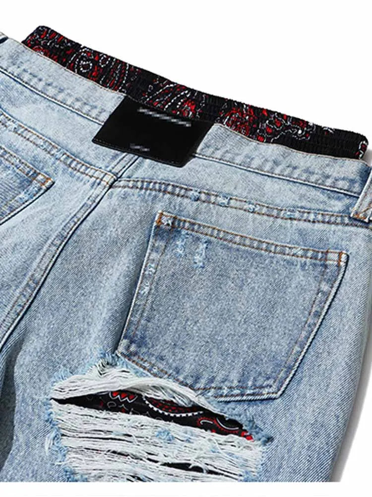 BKQU Ripped Straight Jeans Women American Vintage Print Spliced High Waist Denim Wide Leg Pants Hip Hop Y2k Wild Streetwear 2025