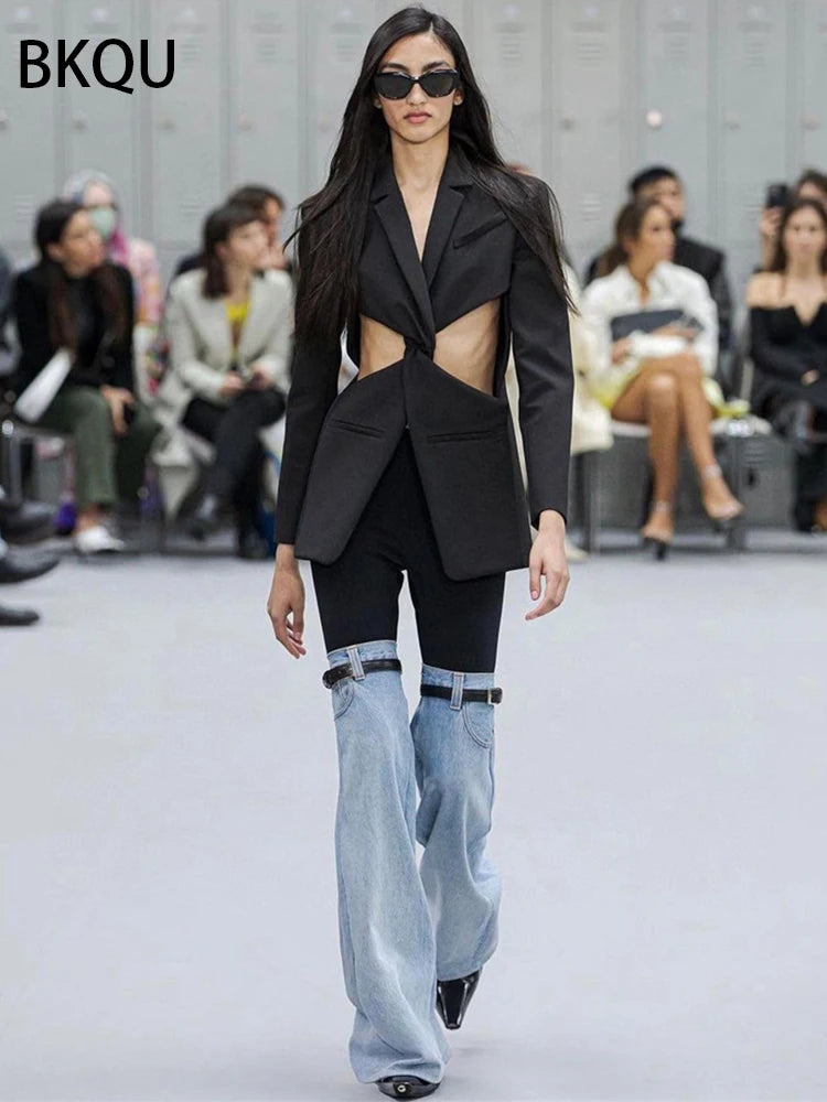 BKQU Patchwork Women's Jeans High Waist Straight Denim Long Wide Leg Jeans Fashion Chic Elastic Waist Streetwear Denim Pants Y2K