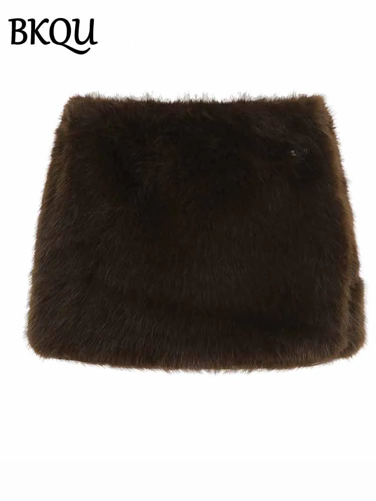BKQU Faux Fur 3 Piece Skirt Set Women Hooded Crop Coat+Strapless Vest+Mini Skirt Outfit Midnight Party Y2K Furry Warm Streetwear