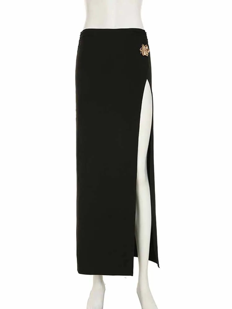 BKQU Summer Vacation Skirt Sets Women Metal Flower Halter Low-Neck Backless Crop Tops High Split Long Skirts Elegant 2 Piece Set