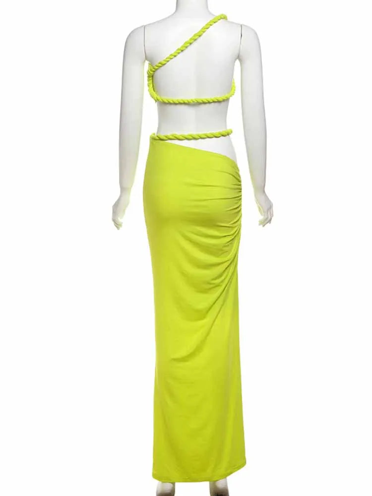 BKQU Elegant Ruched 2 Piece Set Women Irregular Skew Collar Backless Crop Tops+Hollow Out Maxi Skirt Sexy Matching Vacation Suit