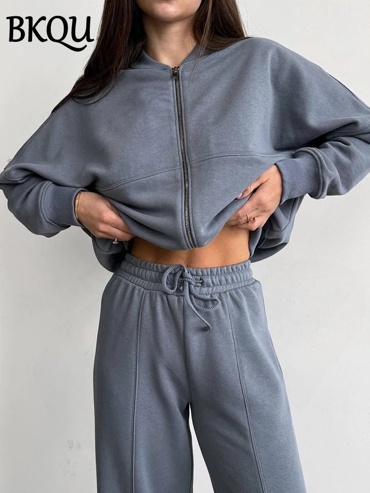BKQU Solid Pants Set Women's Tracksuit 2025 Long Sleeve Zipper Jacket and High Waist Wide Leg Pants Two Piece Set Autumn Winter