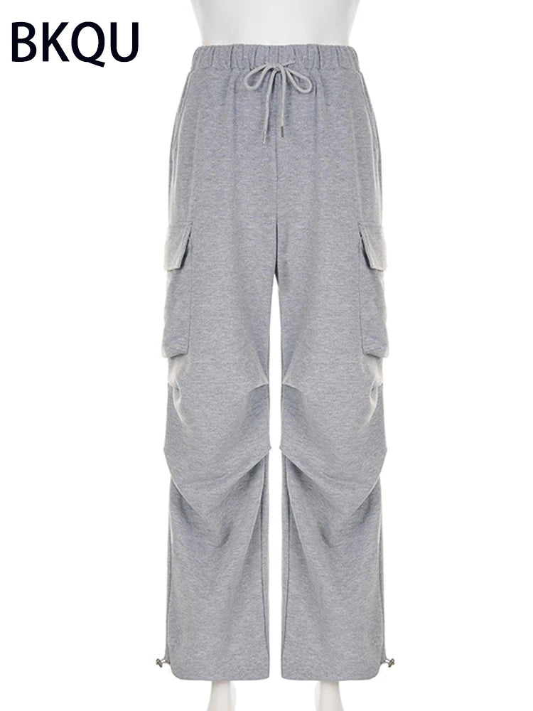 BKQU Gray Knit Pockets Cargo Pants Women 2023 Autumn High Waist Straight Wide Leg Sweatpants Casual Drawstring Joggers Trousers