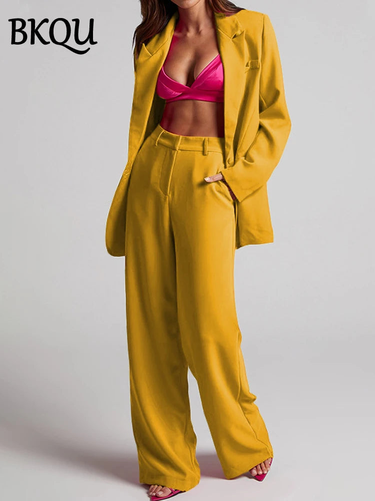 BKQU Fashion Blazer Pants Two Piece Set Women Commuting Outfit Solid Notched Collar Jacket Wide Leg Trousers Elegant Party Suit