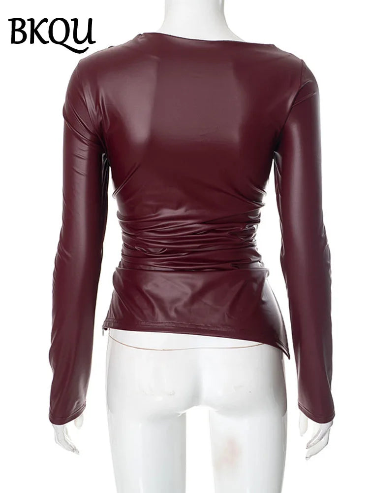 BKQU Ruched Skinny Leather T-shirt Women Fashion Wine Red O-neck Long Sleeve Tops Female Elegant y2k Tees Streetwear 2025 Spring