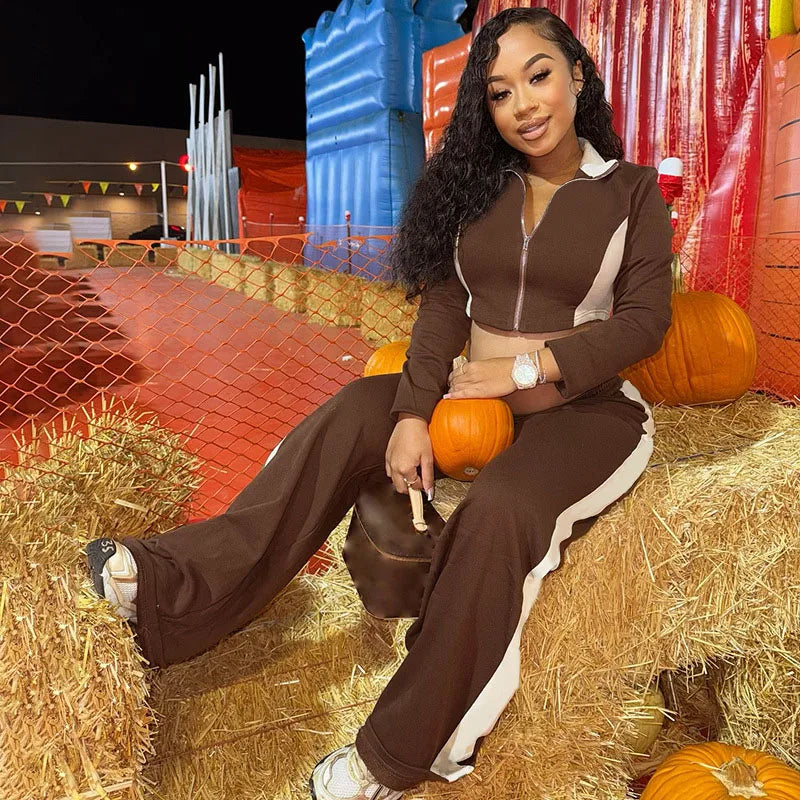 BKQU Patchwork Women Tracksuits Casual 2 Piece Set Long Sleeve Zip-up Jackets Crop Top + High Waist Jogger Pants Street Outfits