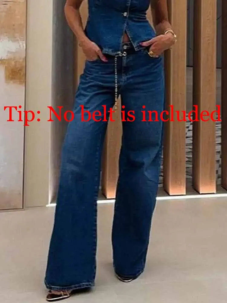 BKQU Hight Street Denim 2 Piece Sets Women Fashion Sleeveless Single Breasted Vest Top Wide Leg Pants Suit 2025 New Jeans Outfit