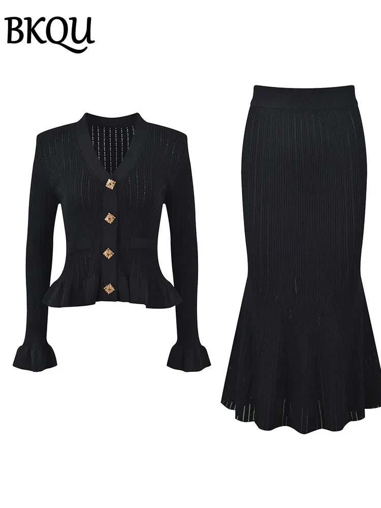 BKQU 2 Pieces Elegant Knit Women's V-neck Ruffles Single Breasted Sweater Slim Long Mermaid Skirt Set Winter Luxury Party Outfit