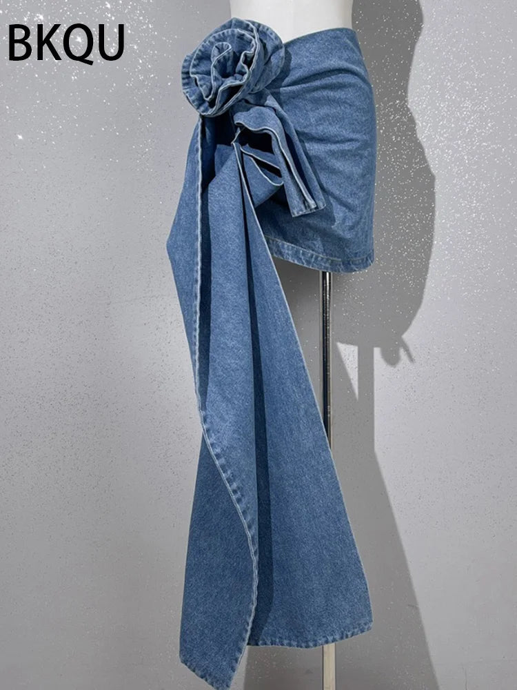 BKUQ 2024 New 3D Three-dimensional Rose Blue Denim Skirts Women Irregular Hem Patchwork Fashion Zipper High Waist Y2k Mini Skirt
