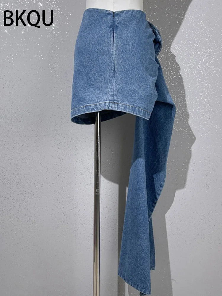 BKUQ 2024 New 3D Three-dimensional Rose Blue Denim Skirts Women Irregular Hem Patchwork Fashion Zipper High Waist Y2k Mini Skirt