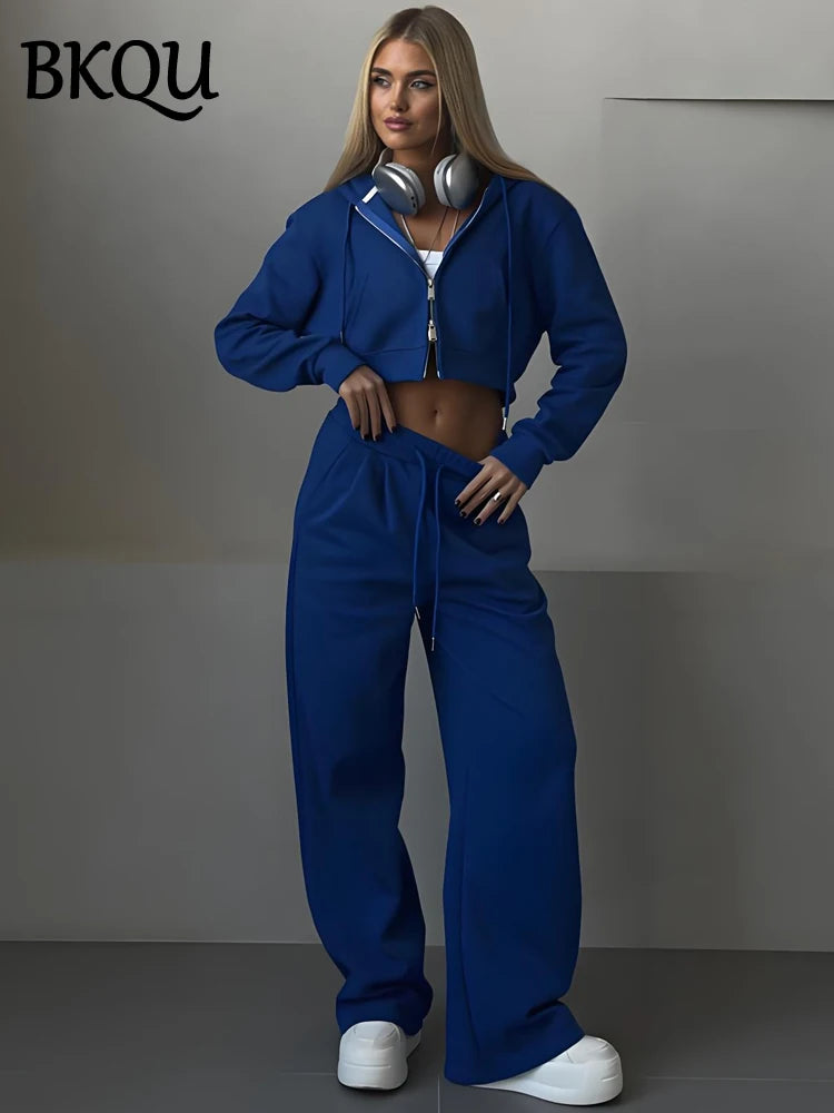 BKQU Fashion Two Piece Women Hoodie Pants Set Casual Long Sleeve Zip Up Jacket Sweatshirt Suit Baggy Sweatpants Woman Tracksuit