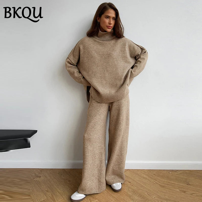BKQU Women's Knitted Two Piece Pants Set 2024 Autumn Winter Turtleneck Sweater and Wide Leg Long Pants Matching Homewear Suits
