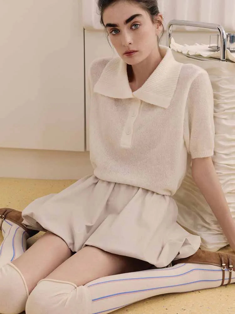 BKQU Knitted Polo Shirt Women Elegant Short Sleeve Loose T-shirt 2025 Summer Multicolour Hollow Out Lapel Knit Pullover Top Y2K