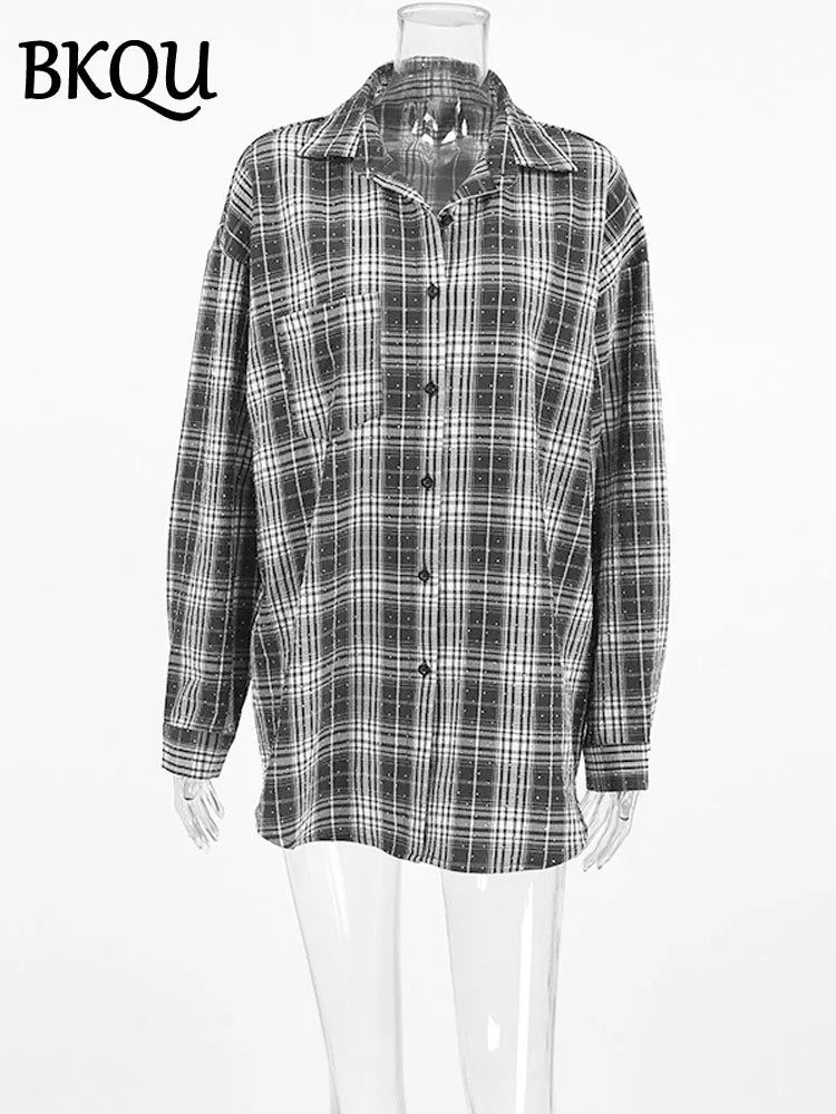 BKQU Fashion Diamond Oversized Long Sleeve Plaid Shirt Women Lapel Pockets Single Breasted Loose Blouse Tops Casual Ladies Shirt