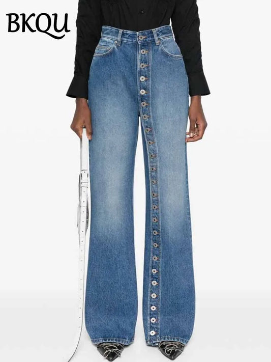 BKQU Straight Jeans Women Single Breasted Fashion High Waisted Loose Wide Leg Denim Pants 2025 Spring Elegant Streetwear Bottoms