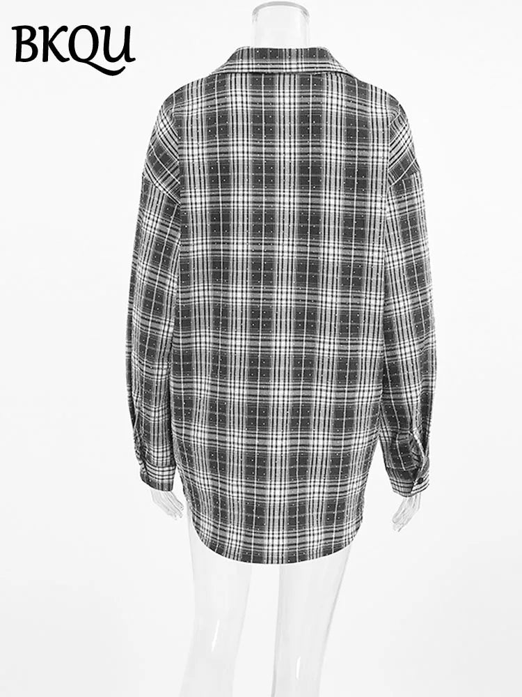 BKQU Fashion Diamond Oversized Long Sleeve Plaid Shirt Women Lapel Pockets Single Breasted Loose Blouse Tops Casual Ladies Shirt