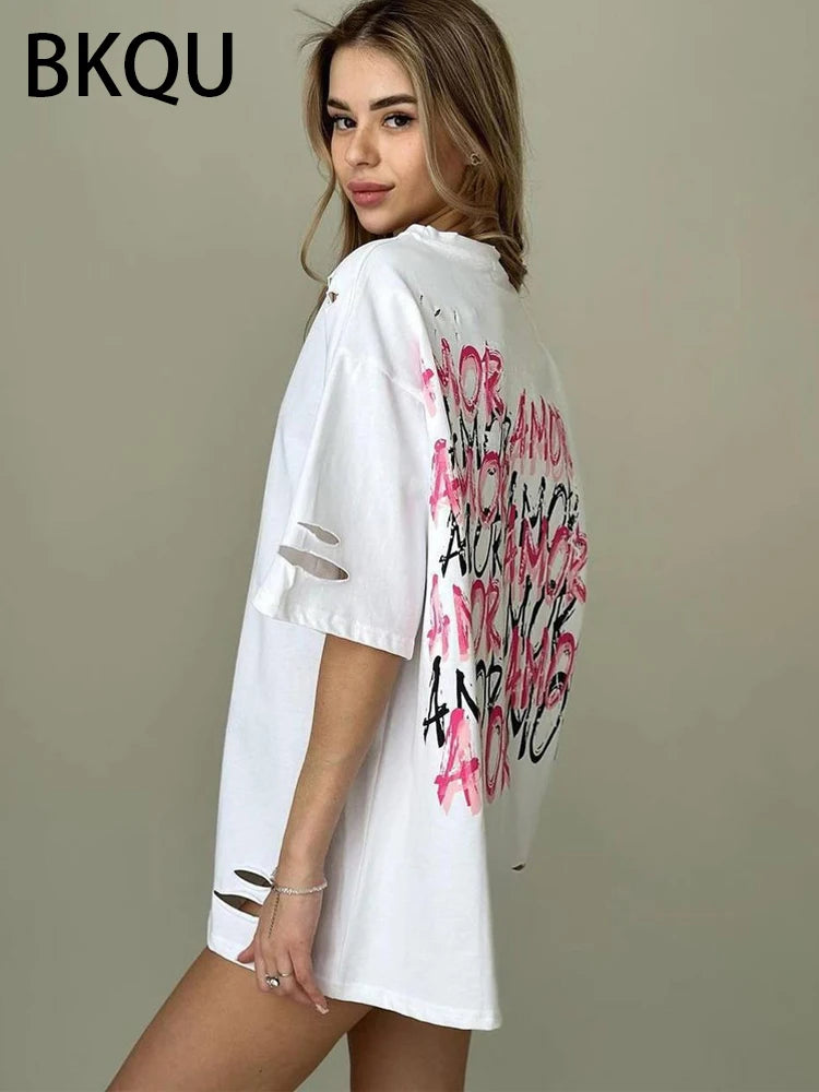 BKQU Letter Print Oversized T Shirt Aesthetic Y2k Ripped Clothes Women Short Sleeve Fashion Contrast Holes Loose Tee Streetwear