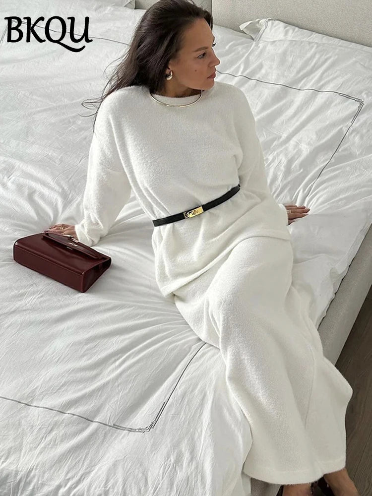 BKQU Warm Knitted Skirt Two Pieces Women Sets Autumn Winter O-Neck Sweater High Waist Long Skirt Elegant Soft Party Outfits 2024