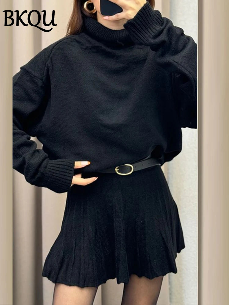 BKQU Sweater Skirt Sets For Women 2 Pieces Knit Casual Versatile Long Sleeve Pullover Elegant Solid High Waist Mini Skirt Outfit