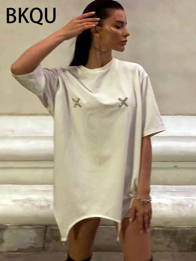 BKQU Letter Rhinestone Loose T shirts For Women 2024 Fashion Short Sleeve O-neck Hot Diamonds Female Tees Pullovers Streetwear