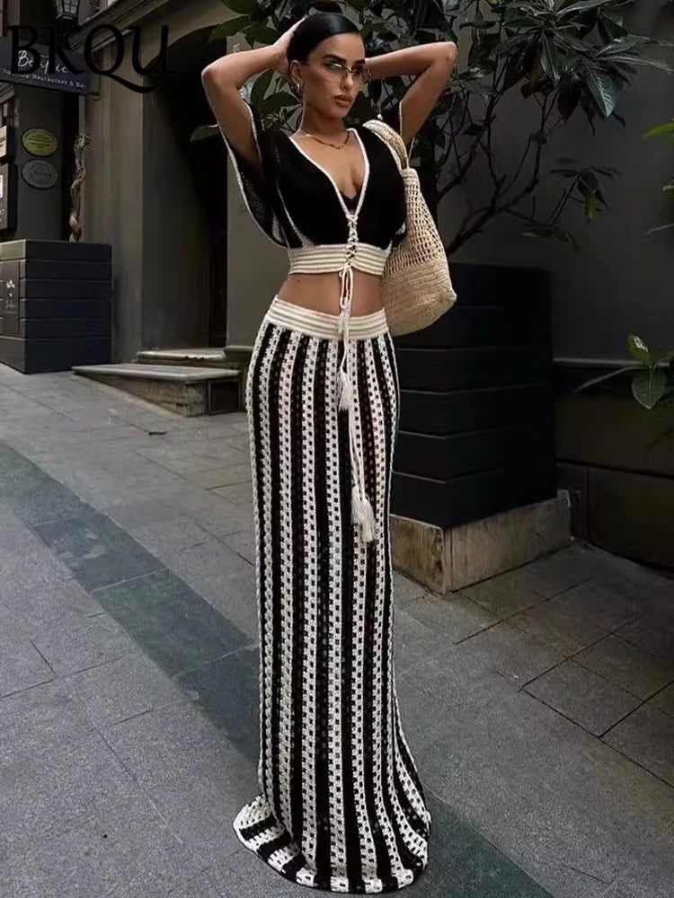BKQU Striped Knitted Dress Sets Hollow Out Long Skirts With V-Neck Short Sleeve Crop Tops for Women 2024 Summer Vacation Outfits