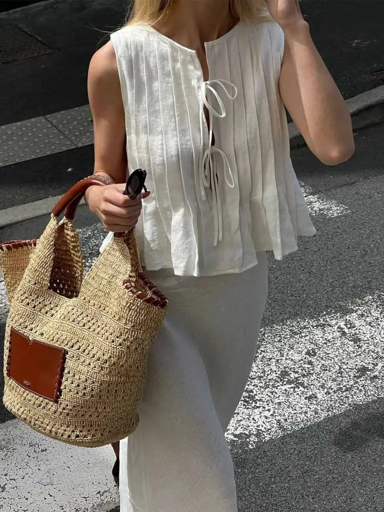 BKQU Linen Lace Up Sleeveless T shirts Women pleated Hollow Out O-neck Bow Crop Tops 2024 Summer Street Casual Female Tank Tops