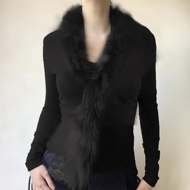 BKQU Fur Collar Long Sleeve Pullover Tops Women French Elegant V Neck Furry Slim T-shirt Autumn Winter Black Tees Y2K Streetwear