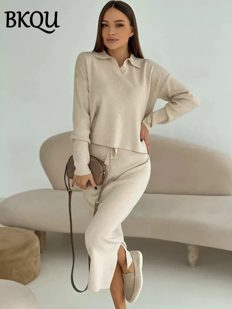 BKQU 2 Pieces Lapel Pullover Sweaters Long Skirt Suit Elegant Solid Knitted Sets For Women Bodycon Autumn Winter Party Outfits