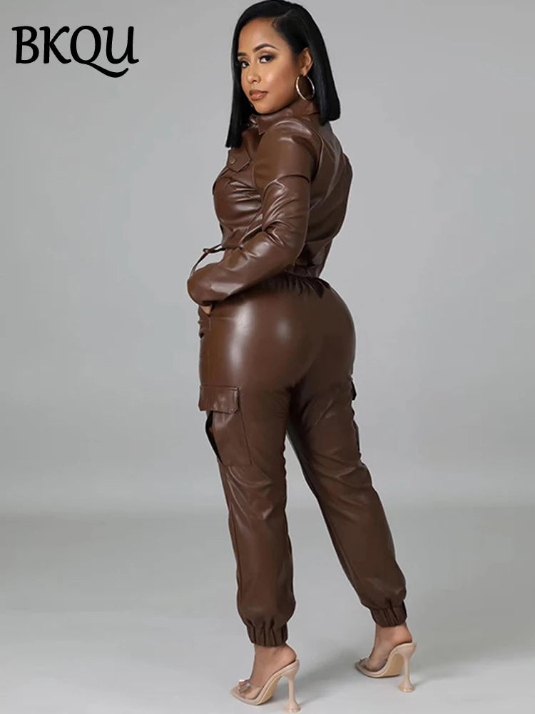 BKQU Women Pants Sets PU Leather Single Breasted Coat High Waisted Pockets Slim Pencil Pants 2 Piece Sets Fashion Winter Outfits
