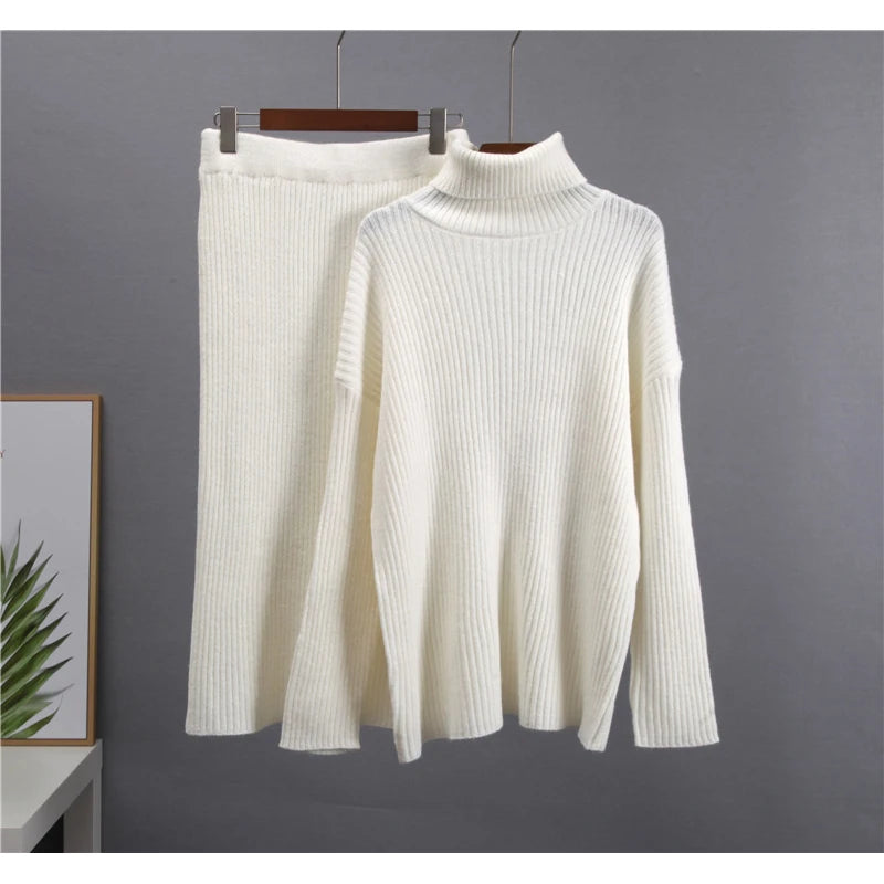 BKQU Turtleneck Sweater Elegant Knitted Skirt Suit Women Autumn Winter Soft Loose Pullover Elastic Slim Midi Skirt Two Piece Set