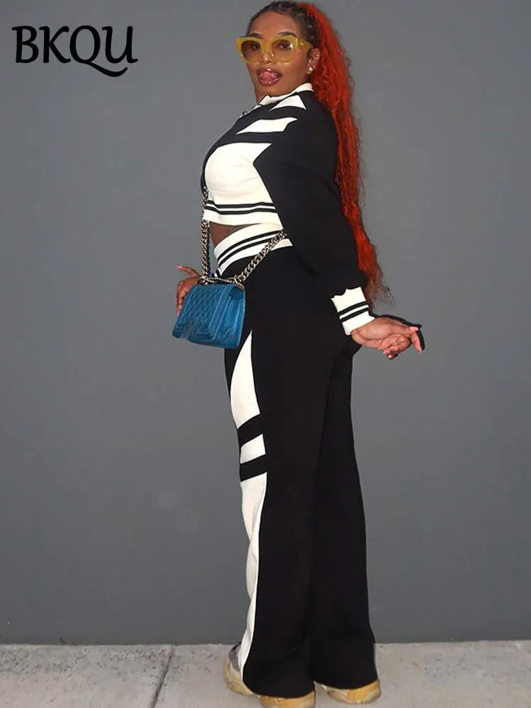 BKQU Zipper Sweatshirt Pants 2 Piece Set Women Contrast Patchwork Long Sleeve Crop Jacket Wide Leg Jogging Pant Casual Tracksuit