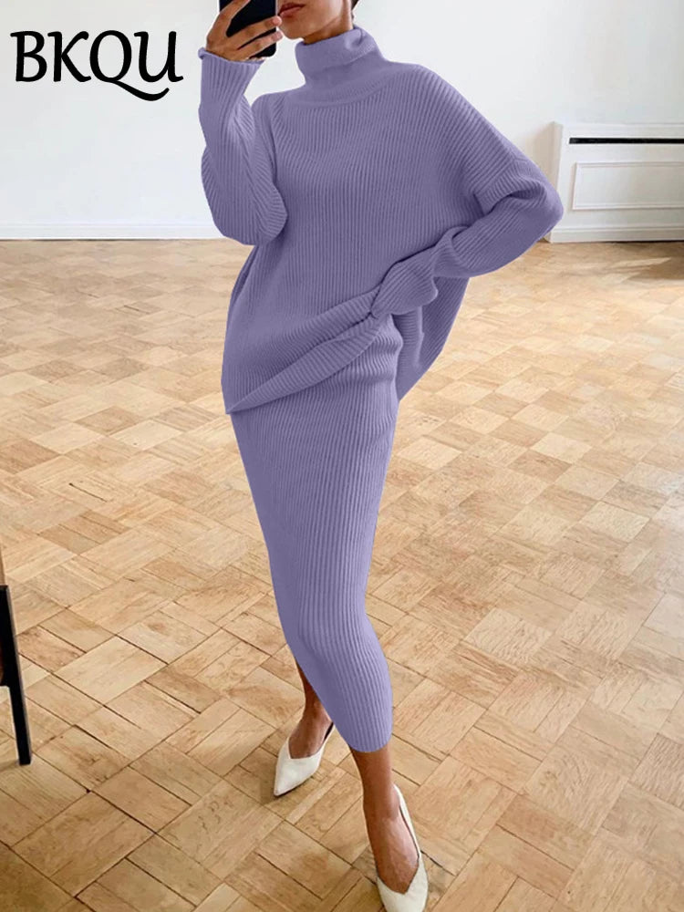 BKQU Knitted Dress Sets Women Loose Turtleneck Sweater Pullover And High Waist Long Skirt Two-Piece Set 2024 Fall Winter Outfits