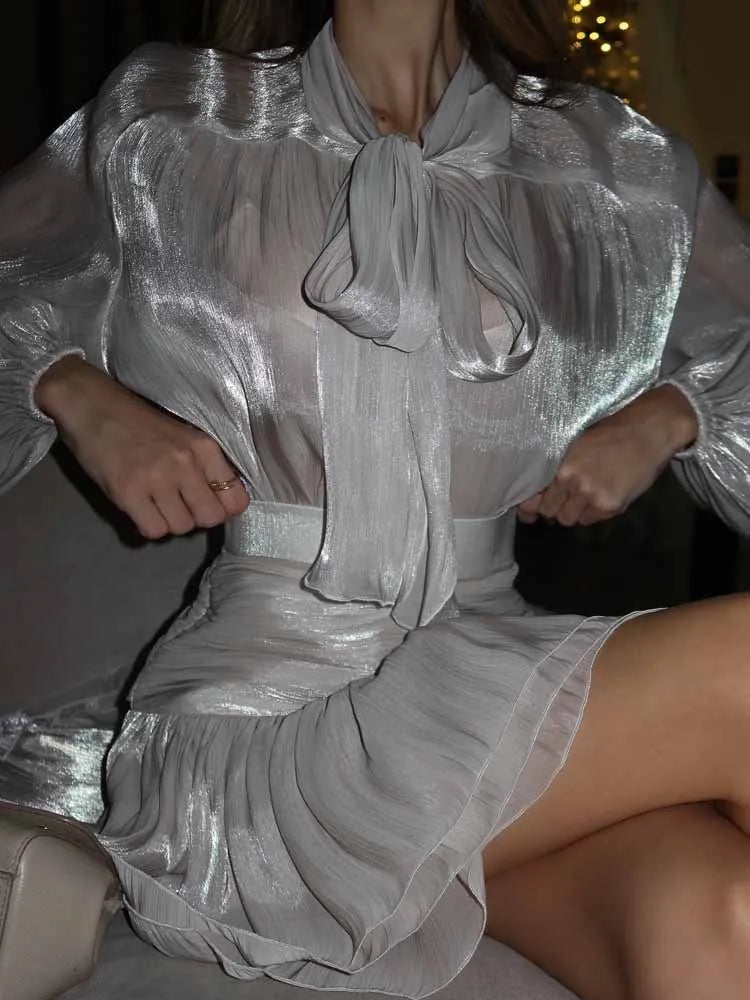 BKQU Elegant Lace Up Shirts Women Ruffles Skirt Sets Fashion Loose Full Sleeve Blouse Pleated Mini Skirts 2 Pieces Lady Outfits