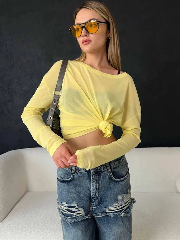 BKQU Casual Off Shoulder Long Sleeve T Shirts Women Spring Summer Lyocell Thin See Through Loose Pullover 2025 Lazy Street Tops
