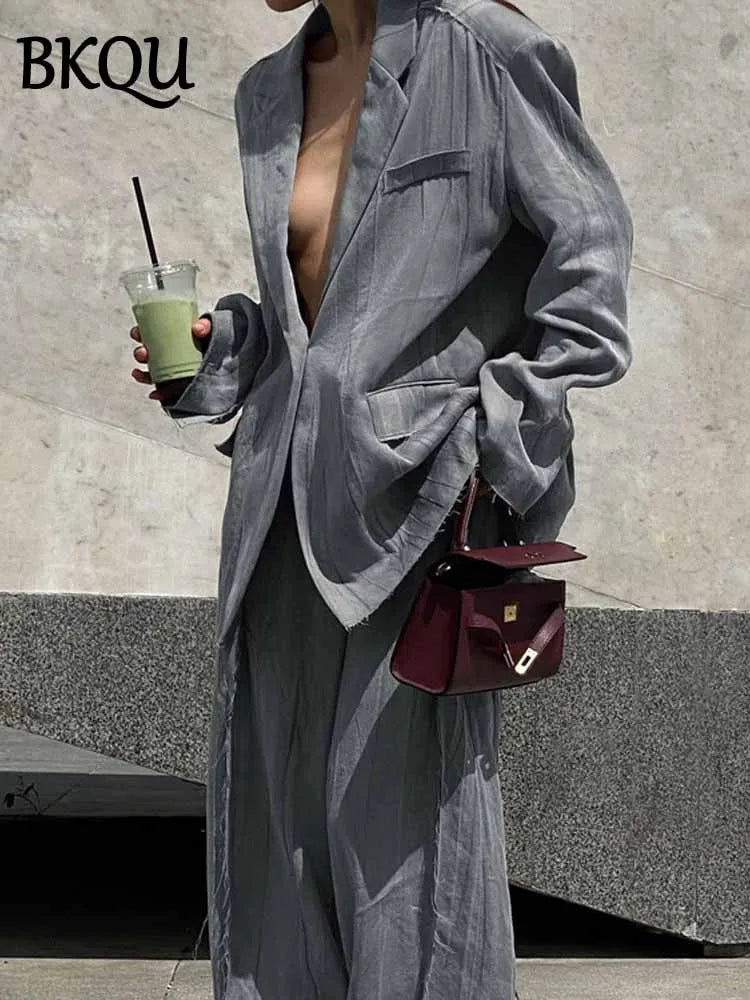 BKQU Vintage Tie-dye 2 Piece Sets Women Fashion Long Sleeve Blazer Coat Loose Wide Leg Pants Matching Set Female Casual Outfits