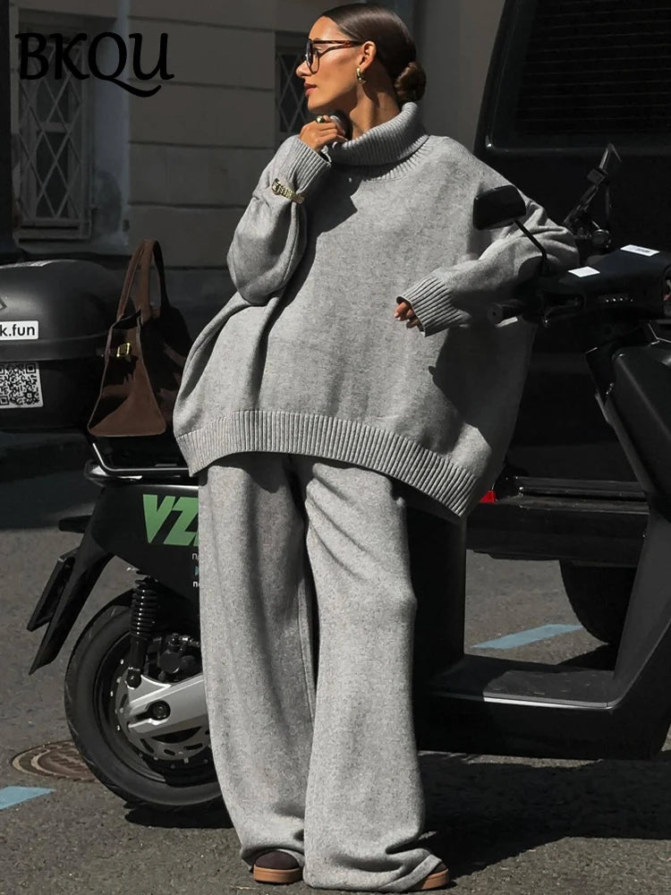 BKQU Autumn Winter Knitted 2 Pieces Women Sets Turtleneck Sweater Wide Leg Pants Suit Commute Street Lady Warm Tracksuit Outfits