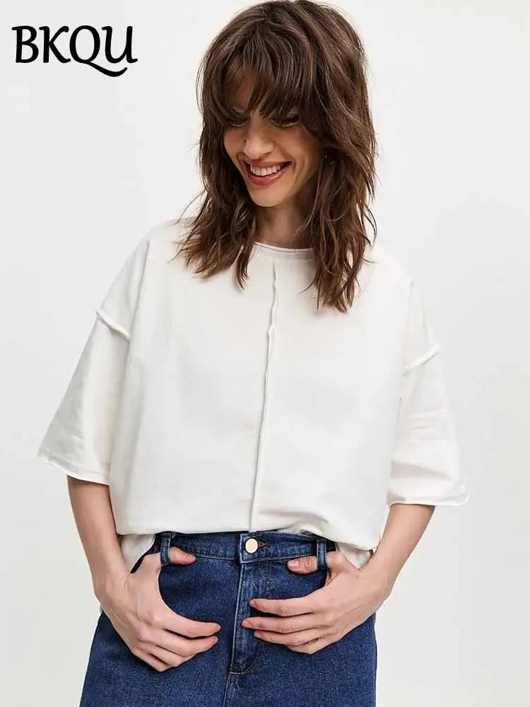 BKQU Summer Loose Short Sleeve T-Shirt Women Casual Solid O-neck 100% Cotton Tees 2025 New Simple Versatile T-shirt Streetwear