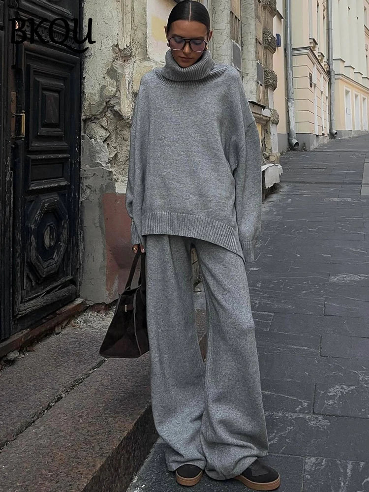 BKQU Autumn Winter Knitted 2 Pieces Women Sets Turtleneck Sweater Wide Leg Pants Suit Commute Street Lady Warm Tracksuit Outfits