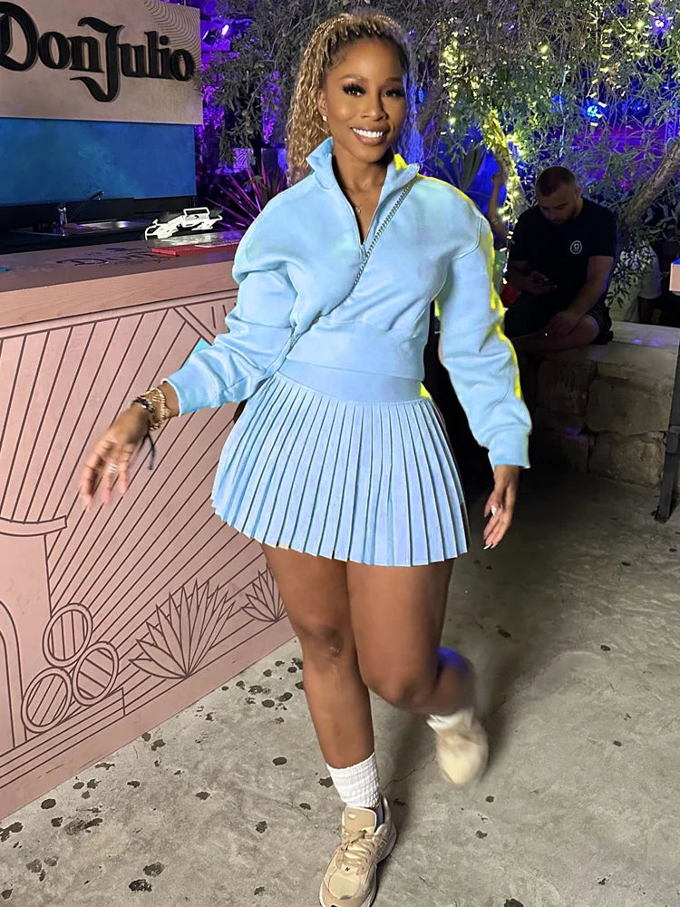 BKQU Elegant Solid 2 Piece Set Women Casual Long Sleeve Sweatshirt Pleated Mini Skirt Suit Autumn Winter Party Simple Clothing