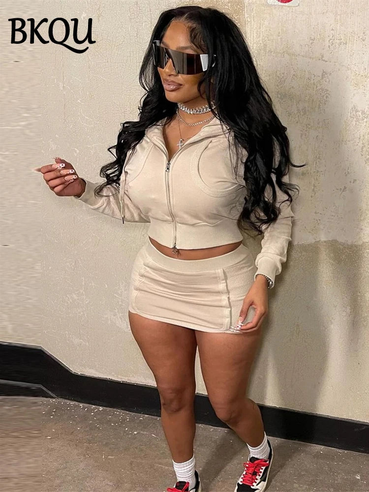 BKQU Casual Hoodie 2 Piece Women Skirt Sets Autumn Fashion Crop Zipper Jacket And Hip Wrap Mini Skirt Matching Tracksuit Outfits