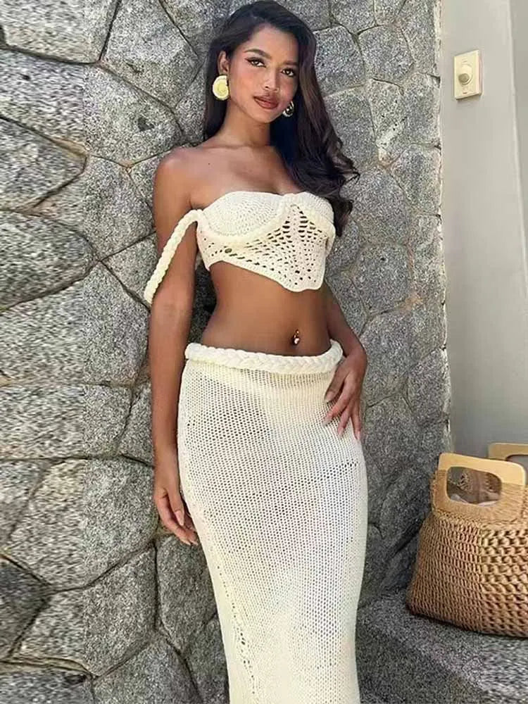 Chic Knitted Bikini Vest Skirt Sets Women Shell Twist Strap Backless Crop Top Hip Package Split Long Skirt 2 Piece Beach Outfits